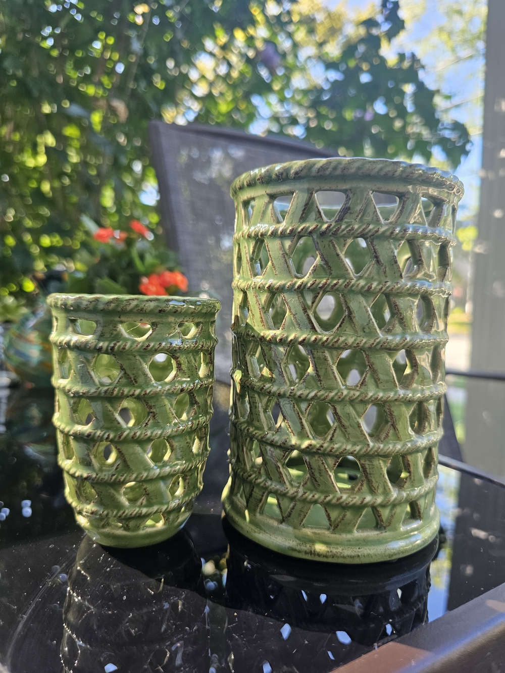 2 Vintage Green Glazed Openwork Lattice Ceramic Orchid Pots / Candle Hurricanes